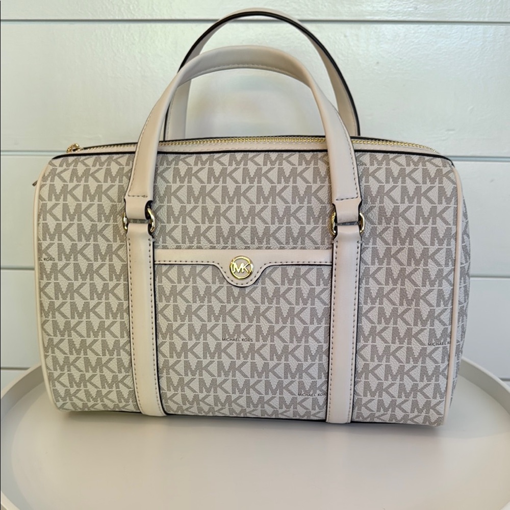 NWT Michael Kors Cream Multi Medium Duffle Satchel with strap
